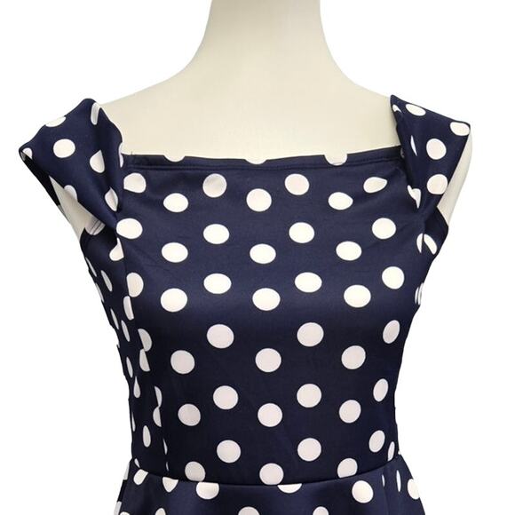 New No Boundaries Juniors Large 11/13 Navy Off Shoulder Polka Dot Skater Dress - Picture 2 of 5